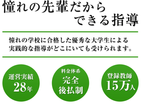 優秀な現役大学生のオンライン家庭教師による実践的な指導がどこにいても受けられます。運営実績28年,料金体系完全後払制,登録教師15万人